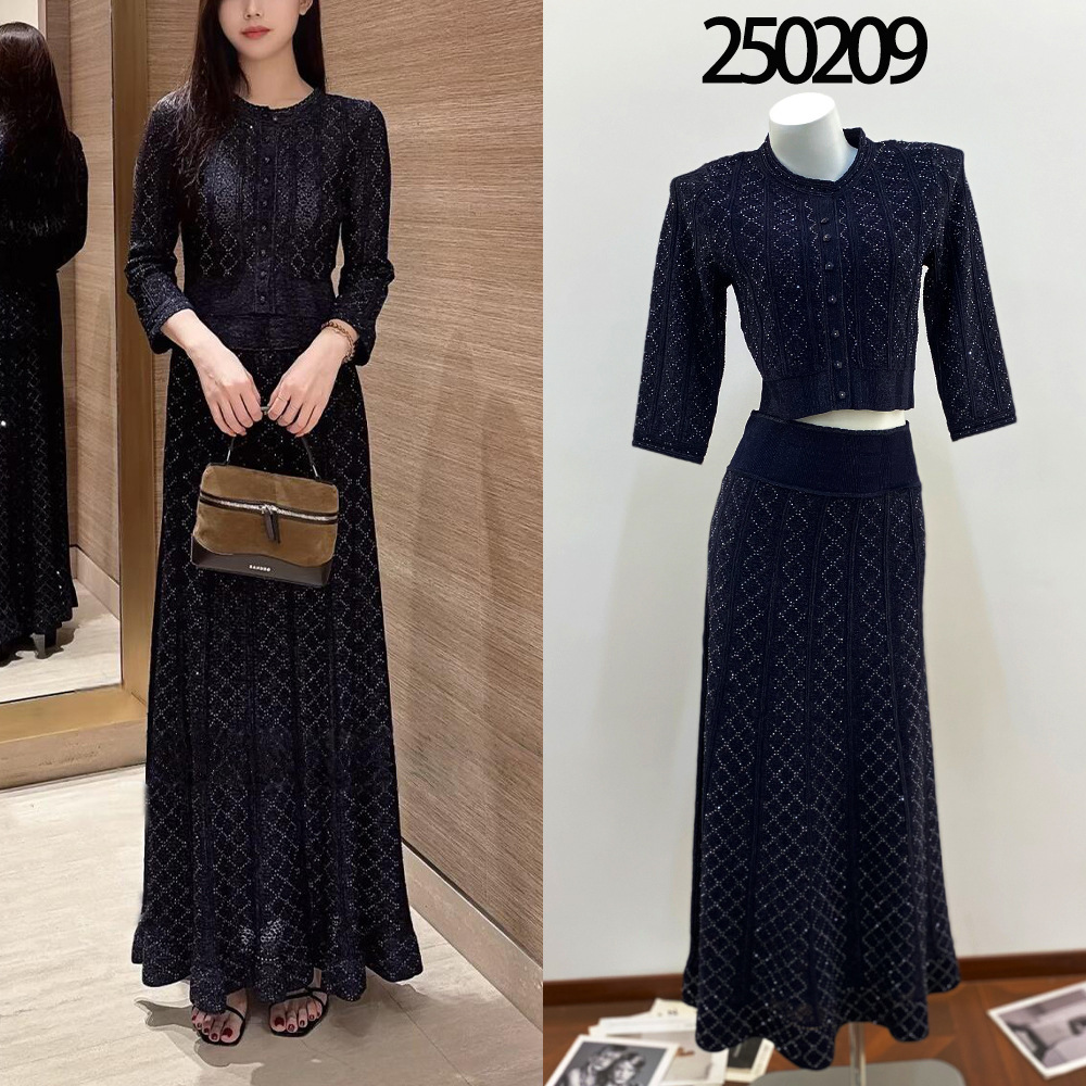Yuan Quality S Brand 2026 Spring New Style Ultra-Heavy Craft Flashing Silk Hollow-Out Rhinestone Embellished Lined Cardigan + Skirt Set for Women