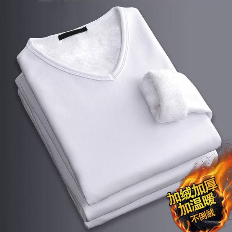 Autumn and Winter Long-Sleeve Thermal Fleece Men's V-Neck T-Shirt Base Layer Solid Color Men's Heart-Neck Thickened Thermal Top