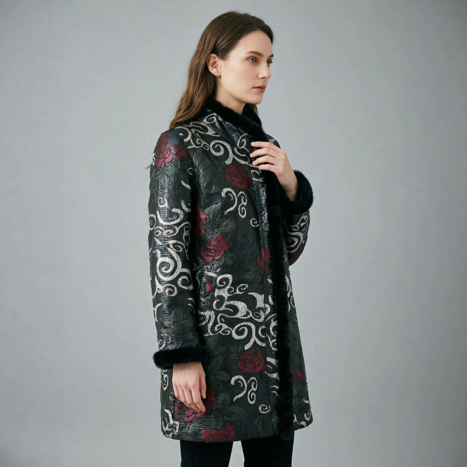 Áo khoác da dáng dài nữ họa tiết in, form rộng, cổ đứng, dài tay — màu đen