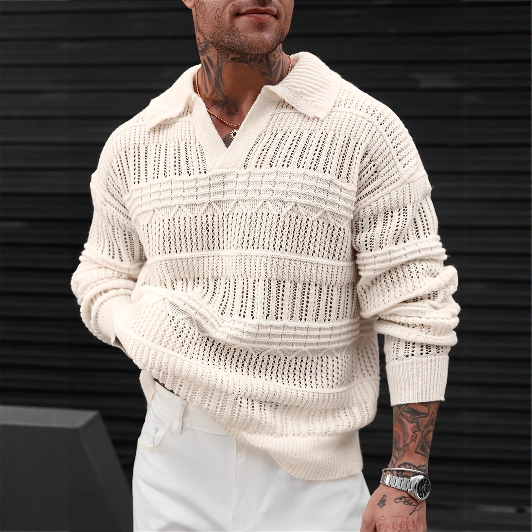 ​Men's Streetwear Hollow-Out Knit Shirt Fashion Loose Fit Short Sleeve Collared Pullover Polyester Breathable Summer Casual​_viptrois.com