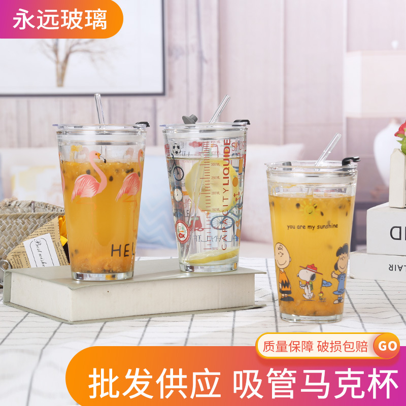 現貨創意可愛卡通馬克杯帶吸管杯蓋透明玻璃杯簡約時尚男女飲水杯