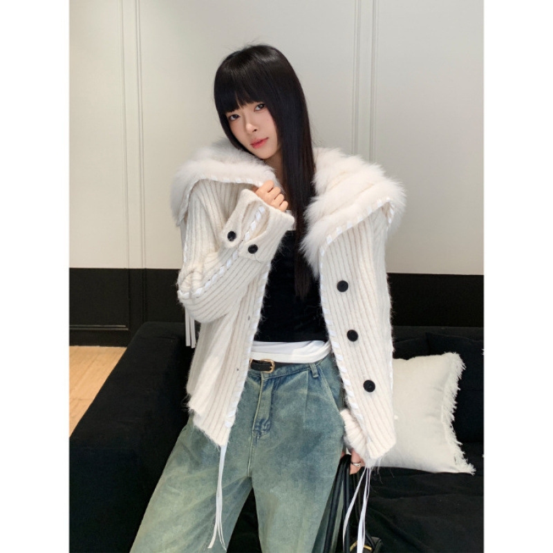 秋冬新慵懒风狐狸毛车条撞色织带毛衣女修身绒感翻领外套开衫显瘦|undefined