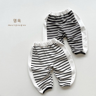 条纹拼接裤~2023春季新款男女童拼接休闲裤子儿童韩版宽松外穿潮