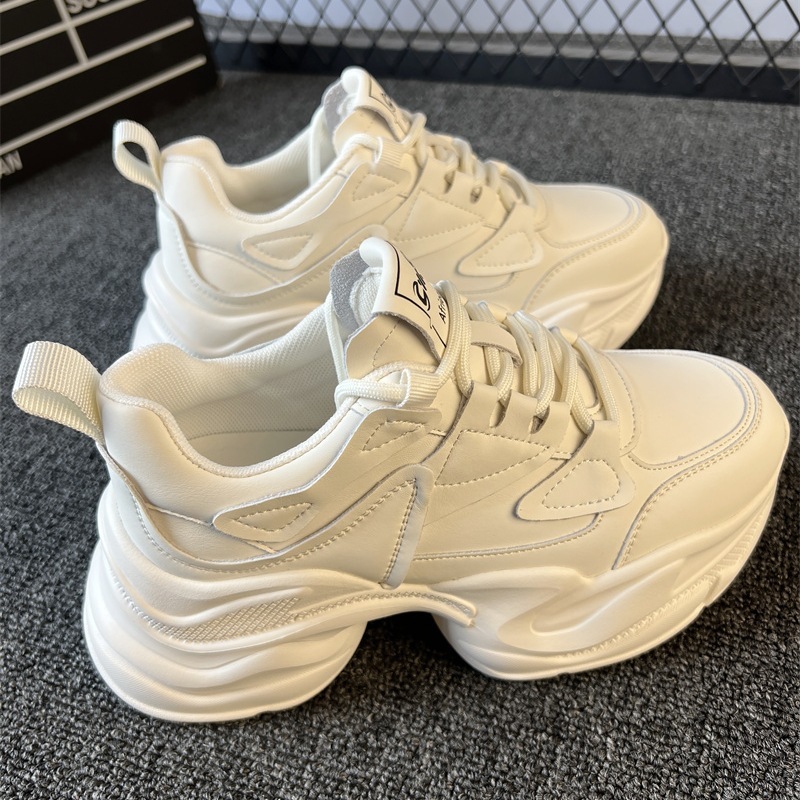 Genuine Leather Thick-Soled Dad Shoes for Women 2025 Spring New Small Height-Increasing Women's Shoes Versatile Casual Sports Shoes White