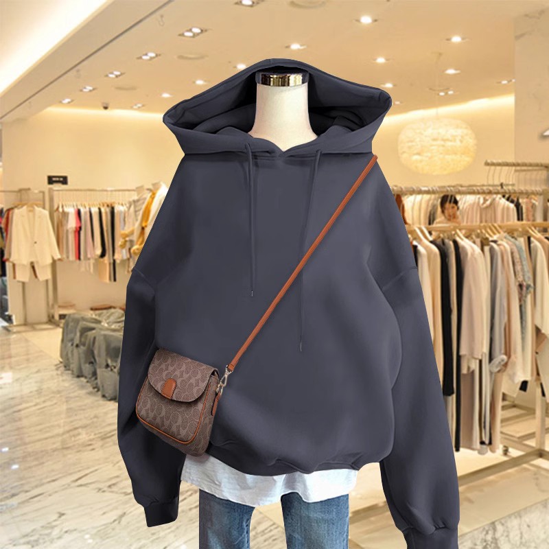 Dark gray hooded couple sweatshirt, 2023 early spring and autumn new style, solid color top, long loose fit, fleece-lined and thickened.