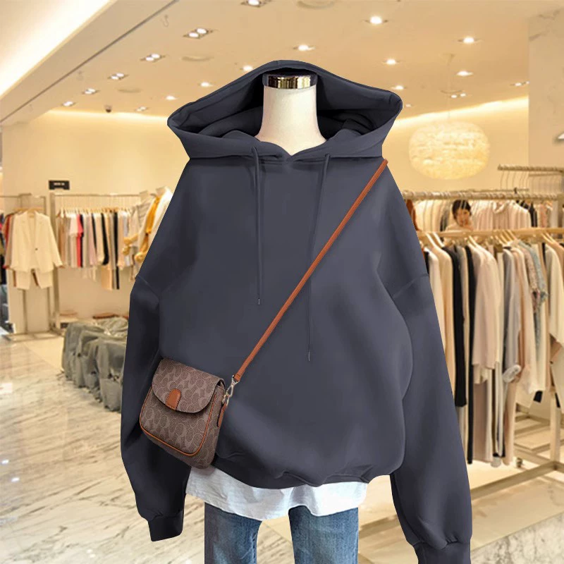 Темно-серый свитер с капюшоном 2023 Ранняя весна осень и зима новое однотонное пальто Длинное свободное толстое пальто на флисовой подкладке мужское