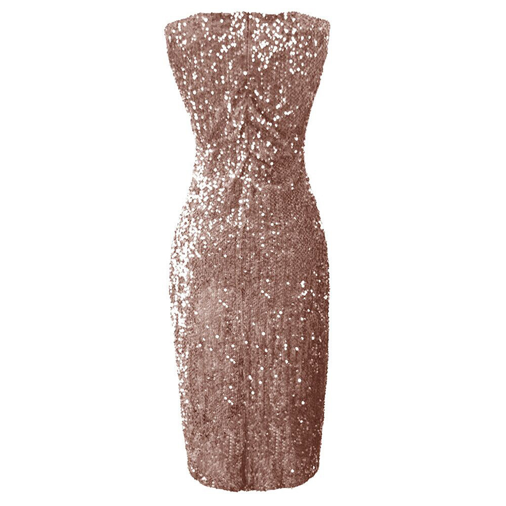 Sleeveless Crew Neck All Over Sequin Midi Dress, Velvet Base High Side Split Asymmetrical Hem Bodycon Cocktail Party Dress 4 Colors_ecoleips.com