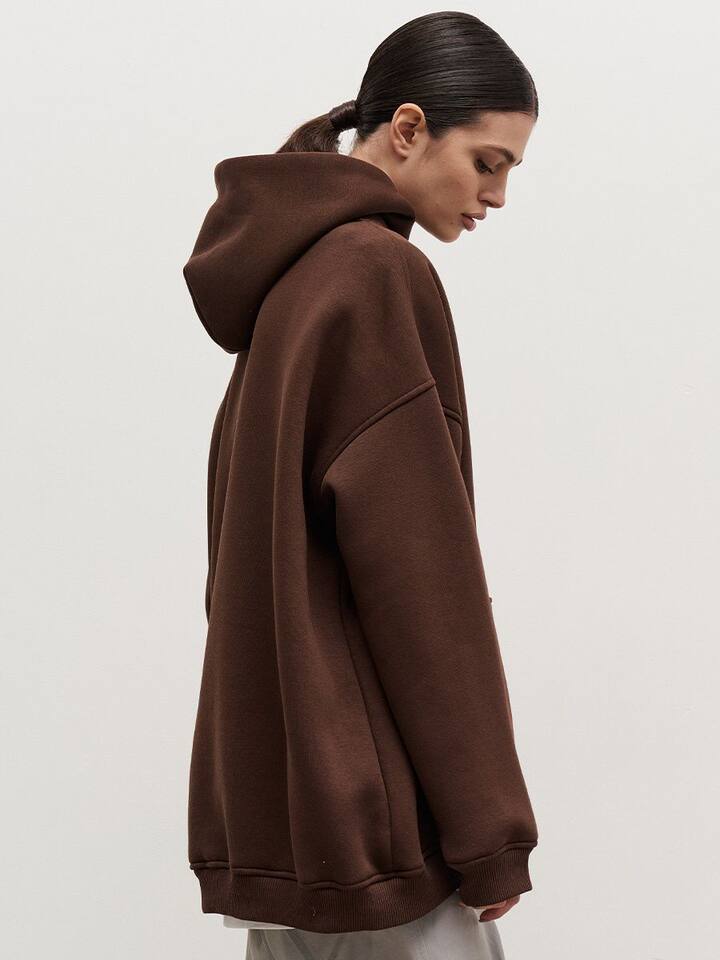 Áo hoodie nỉ lông dáng rộng có mũ và túi, tay dài, dáng unisex — Màu cà phê, Màu hồng, Màu xám, Màu đen chi tiết 55