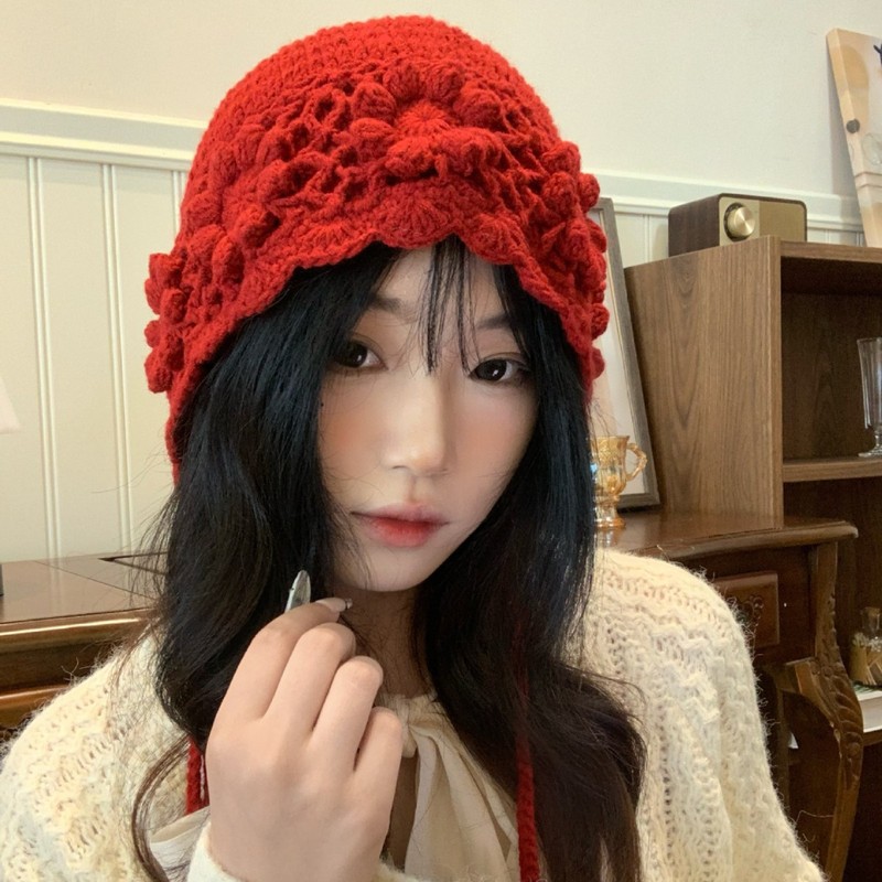 手工编织镂空花朵套头帽女秋冬双层保暖针织毛线帽民族风流苏帽子|undefined