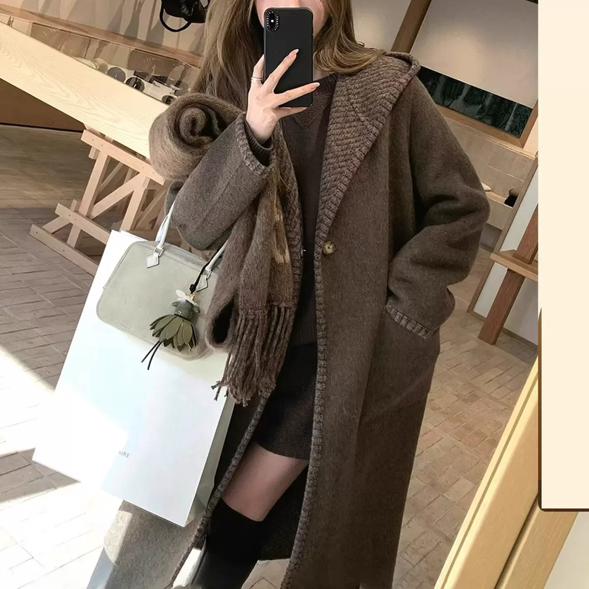 热巧双拼大衣 冬季新款短款中长款羊毛大衣连帽双面穿毛呢外套女