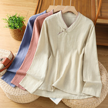 实拍2026年春夏新中式棉麻V领长袖复古盘扣衬衫显瘦上衣禅意茶服