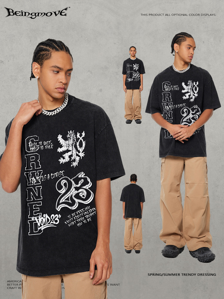 Calle secada| Retro americano viejo lavado con agua de manga corta marca de moda digital de inyección directa pesada impresión camiseta para hombres y mujeres