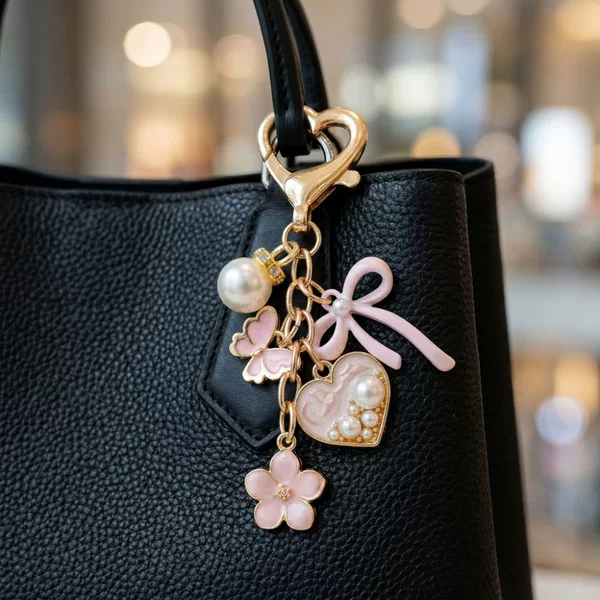 European and American Style Women's Fashionable and Elegant Oil-Drip Flower Keychain with Butterfly and Heart-Shaped Pearl Pendant Bag Charm Accessory