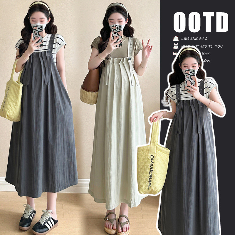 2025 Summer New Maternity Cotton Top Korean Pregnant Women's Two-Piece Dress