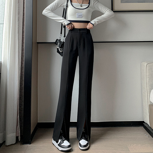 Real shot of slit wide-leg pants for women in spring and summer straight high-waisted nine-point suit for small men with floor-length mopping pants