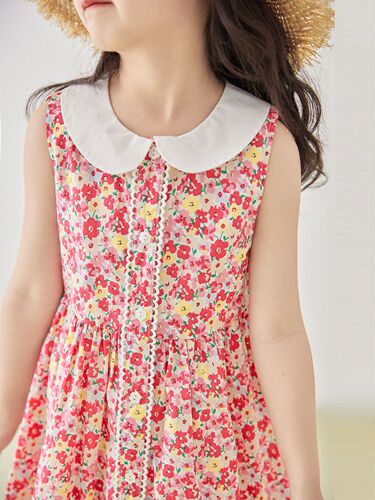 Ladies' Spring and Summer New Red Floral Print Blouse Dress, Pure Cotton Sleeveless Collar Sweet Princess Dress