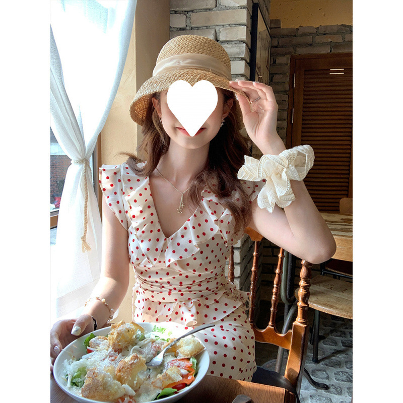 甘くて爽やかなショートフライングスリーブ襟水玉トップスとスカートスーツ女性用夏フレンチスタイルツーピーススーツ|undefined