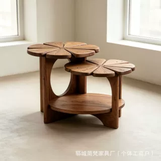 中古风老榆木花瓣茶几不规则异形小茶台侘寂风实木花型阳台咖啡桌