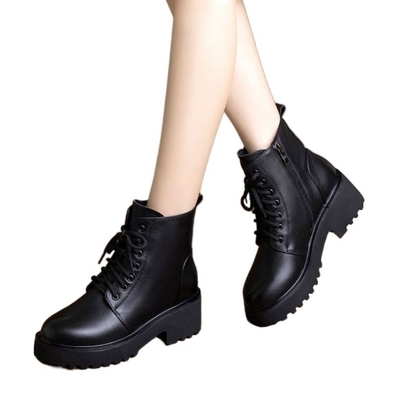 Echtes weiches Leder Martin 2024 Neue Herbst-/Wintermode Dicker Absatz Schnürstiefel für Kinder Vielseitige Stiefel Damenschuhe_voghion.com