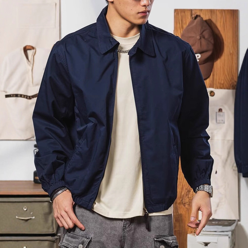 Navy Blue Vintage Harrington Jacket Men's Cleanfit American Retro Lapel Short Baseball Uniform