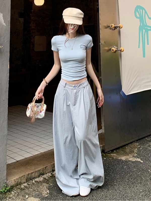 2025新品垂感高腰黑色休闲裤女夏季显瘦宽松阔腿裤卡其色长裤子潮|undefined