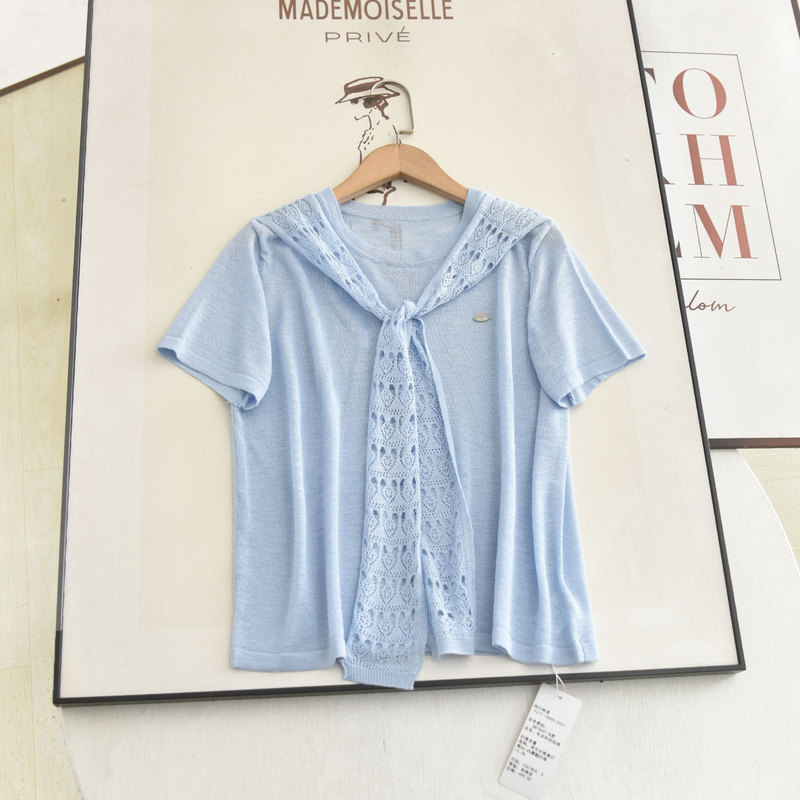 2026 Summer Thin Design Shawl Collar Knitwear Slimming Blue Short-Sleeved Top