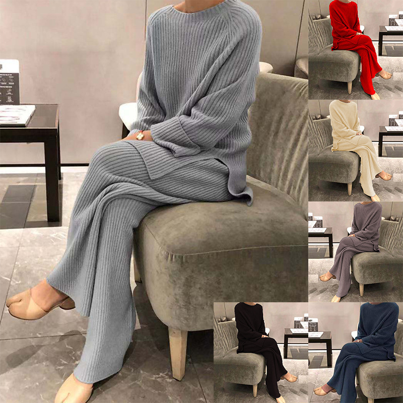 European and American Women's Clothing 2022 Autumn and Winter Amazon Hot Selling Long Sleeve Solid Color Knitted Casual Two Piece Knitted Sweater