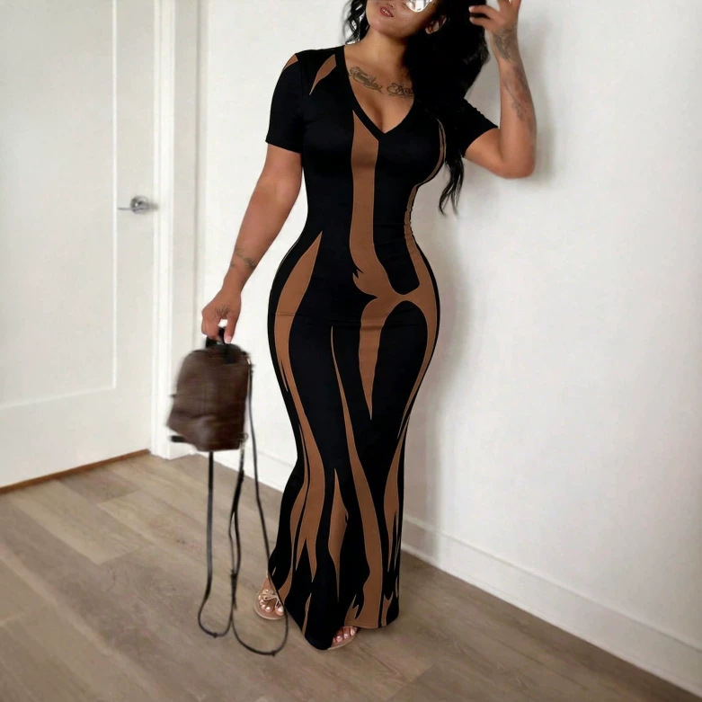 Amazon Cross-Border Foreign Trade New Style Commuter Style Sexy Versatile V-Neck Slim Fit Pleated Short-Sleeved Printed Dress