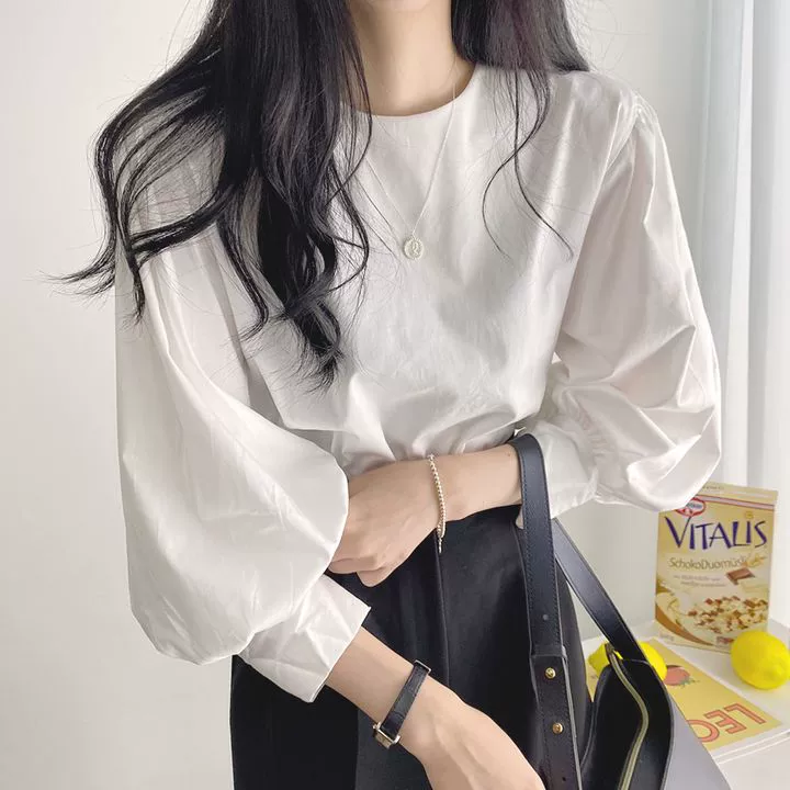 Мода Ретро Простая Круглая Шея Puff Рукав Рубашка для Женщин