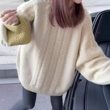 秋冬设计感加厚麻花套头毛衣女大版慵懒风宽松中长款针织衫上衣