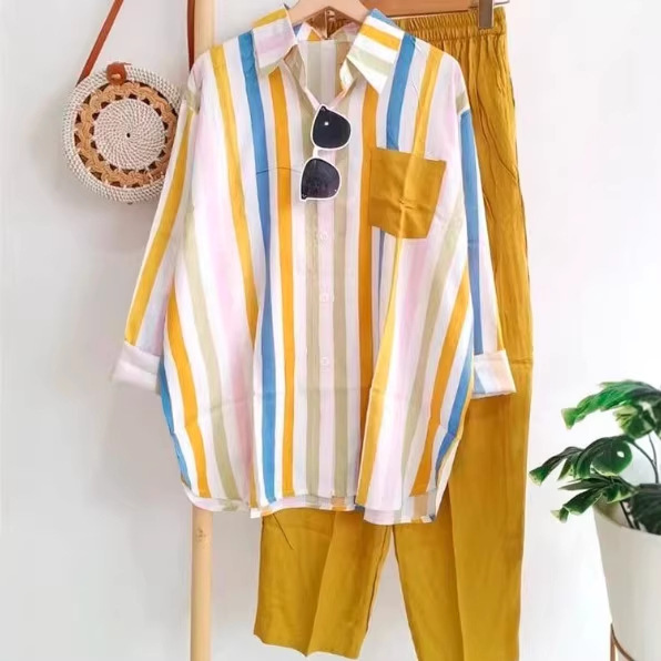 Casual Suit for Women 2026 Spring and Summer New Fashion Shirt with Pockets Casual Loose Striped Long-Sleeved Two-Piece Set