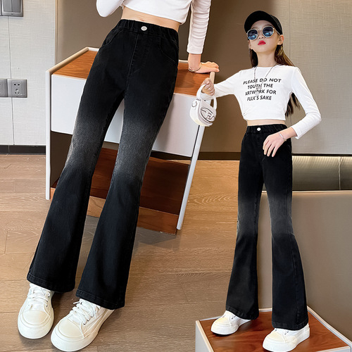 Kids' Fall Pants - Loose Straight Leg Casual Gradient Bell Bottoms for Girls - Stylish Black Denim Jeans Wholesale
