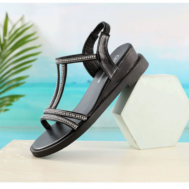 Оптовые большие размеры плоские сандалии с полыми стразами в богемном стиле, женская обувь для лета