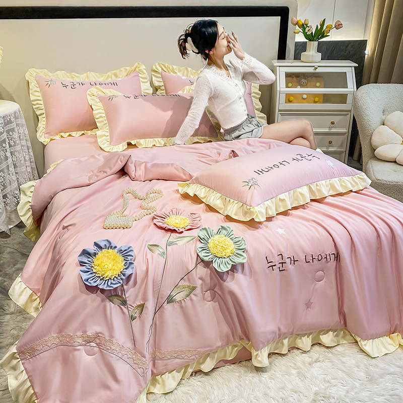 Summer Ice Silk Summer Cooling Blanket Set Four-Piece Air Conditioner Sheet Double Size Tencel Summer Blanket Washable Nudist Thin Blanket Lace