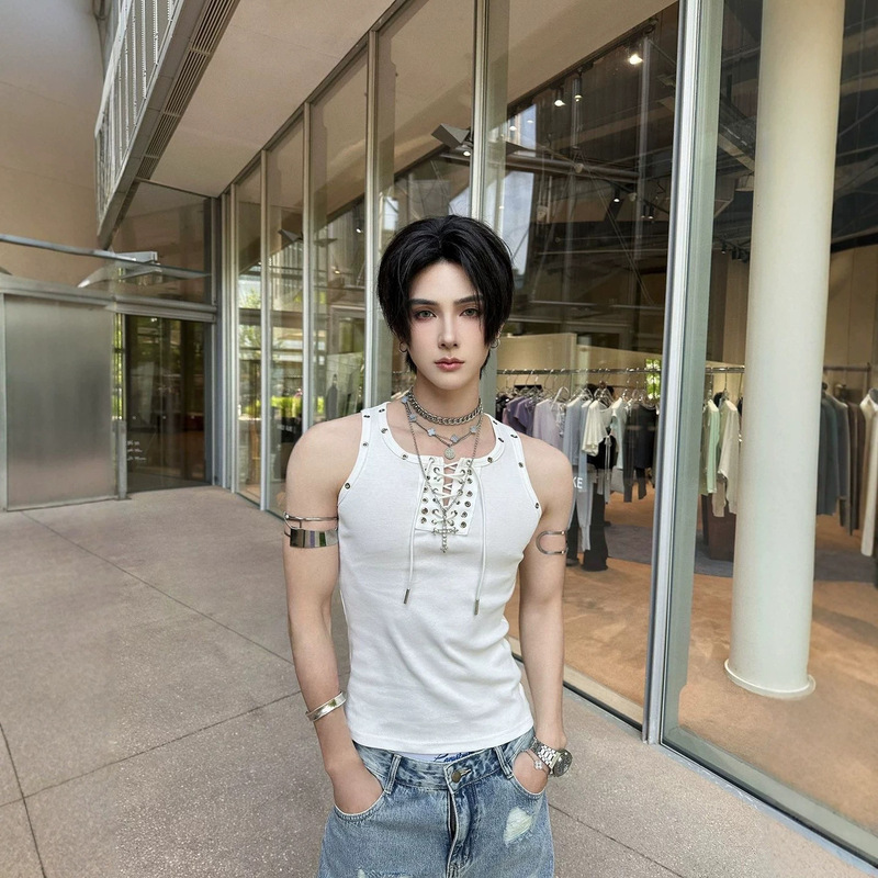 Gy American Subculture Metal Eyelet Drawstring Vest, Slim Fit Ribbed Punk Style Sleeveless Tank Top Gy American Subculture Metal Eyelet Drawstring Vest, Slim Fit Ribbed Punk Style Sleeveless Tank Top