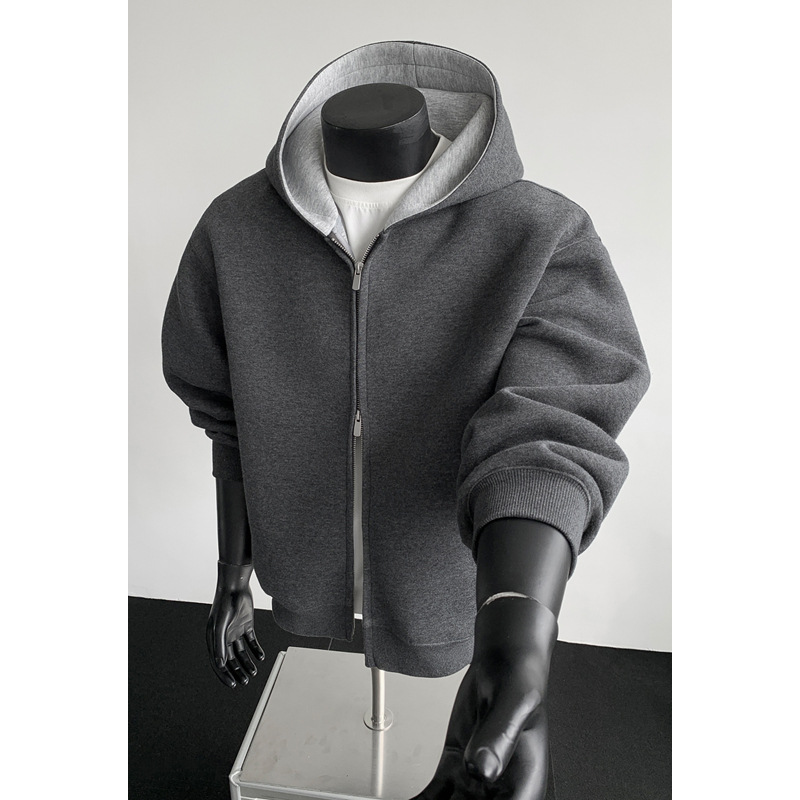 430 g schwerer Patchwork-Cardigan mit Kapuze, Herren-Stil, amerikanischer Trend, kastenförmig, kurz, Oversized, lässige Jacke_voghion.com
