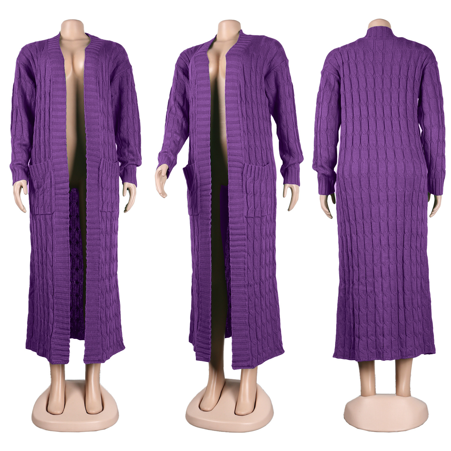 Damen Strickjacke Lang Aus Grobstrick In Unifarben Wintermantel_voghion.com