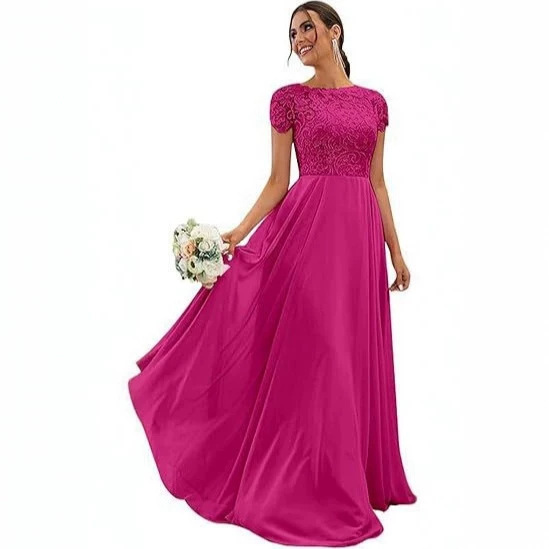 Evening dress, bridesmaid dress, water-soluble lace chiffon long dress, European and American cross-border round-neck cocktail party attire Evening dress, bridesmaid dress, water-soluble lace chiffon long dress, European and American cross-border round-neck cocktail party attire