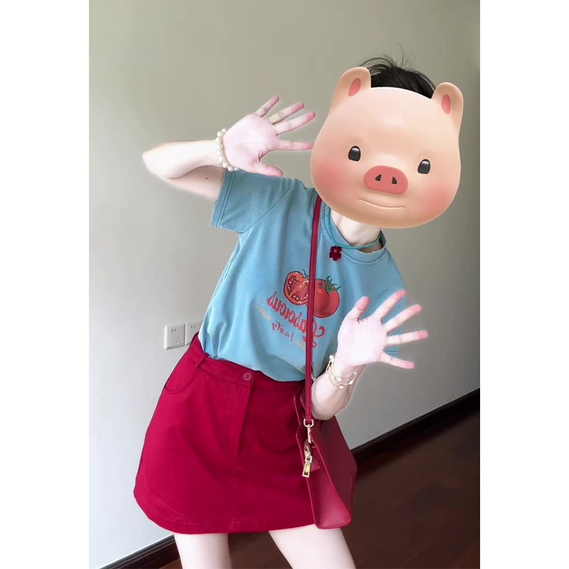 2025 新しい夏の女性のフレンチスタイルラウンドネックプリント半袖 Tシャツトップ多用途ハイウエスト痩身スカート|undefined
