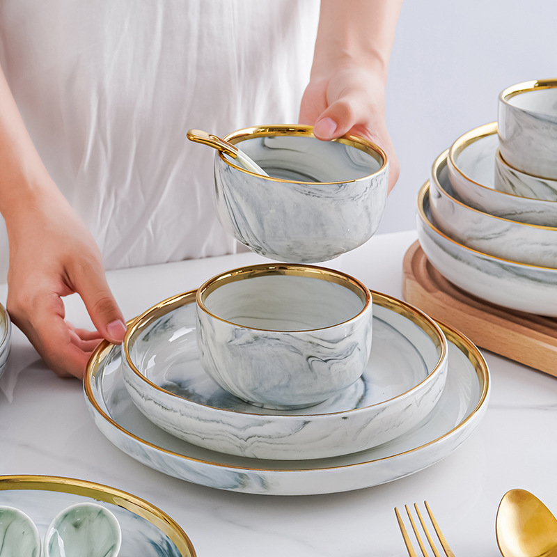 Tazón y plato de mármol de borde dorado nórdico traje hogar red tazón y plato de cerámica roja combinación de vajilla tazón de arroz plato de sopa
