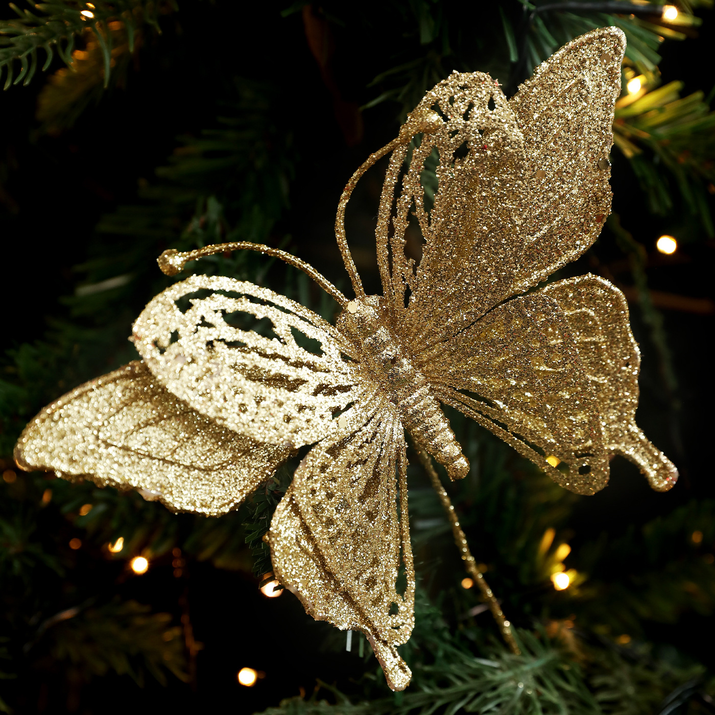 Nuevos productos de mariposa polvo de oro polvo de alta calidad árbol de Navidad flor de decoración colgante decoración accesorios