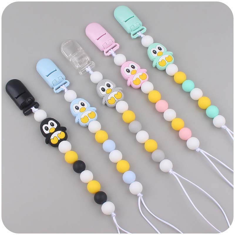 Nuevo bebé suministros chupete cadena bebé creativo de dibujos animados animal pingüino silicona mordedura pegamento anti-gota cadena