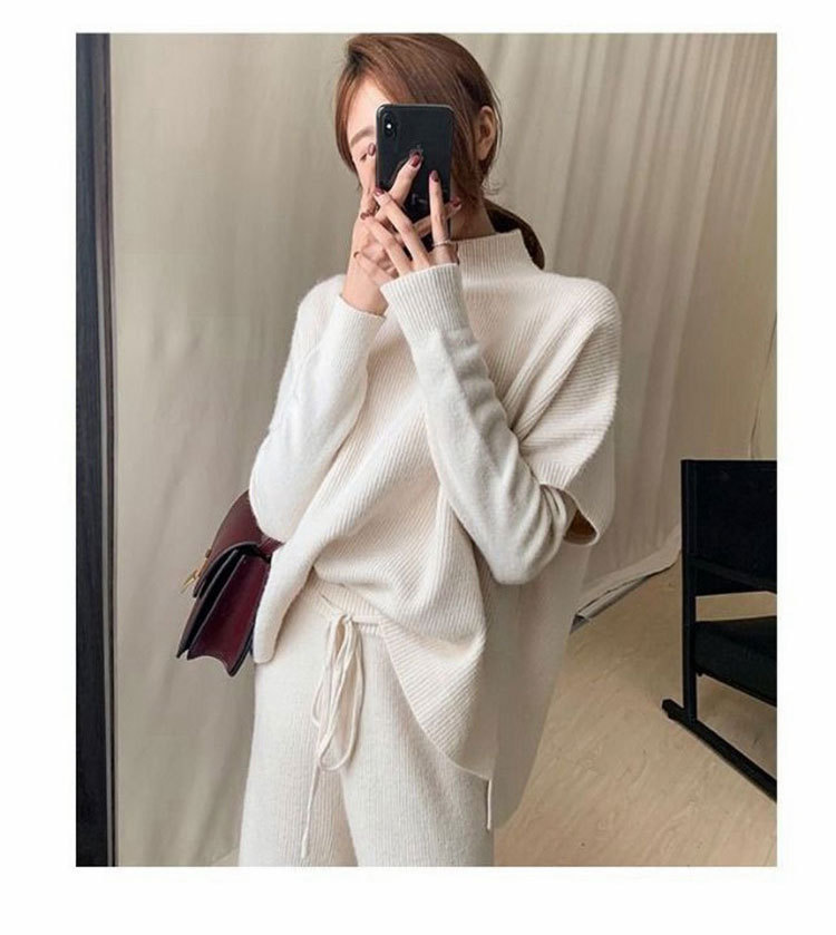 Spring New Lazy Style Casual Loose Waist High Collar Sweater Wide Leg Pants Knitted Women s Piece Set_voghion.com