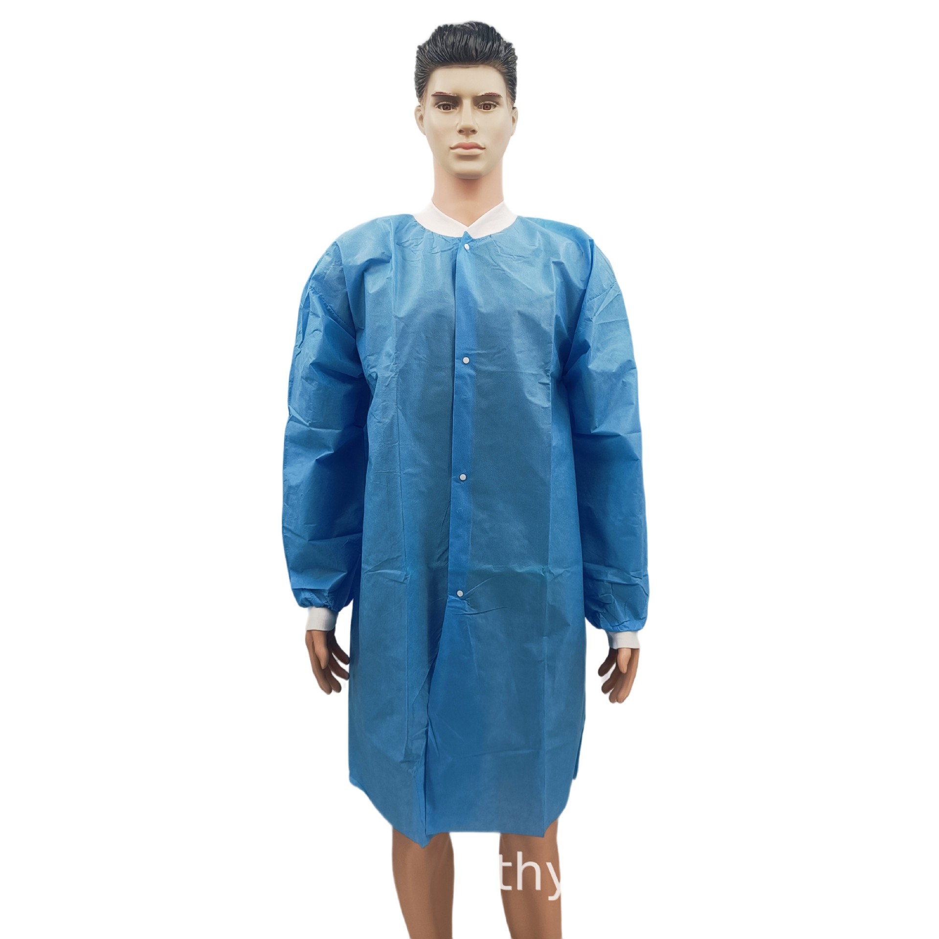 工厂供应 SMS无纺布按扣lab coat防尘工作服针织领袖参观服蓝大褂