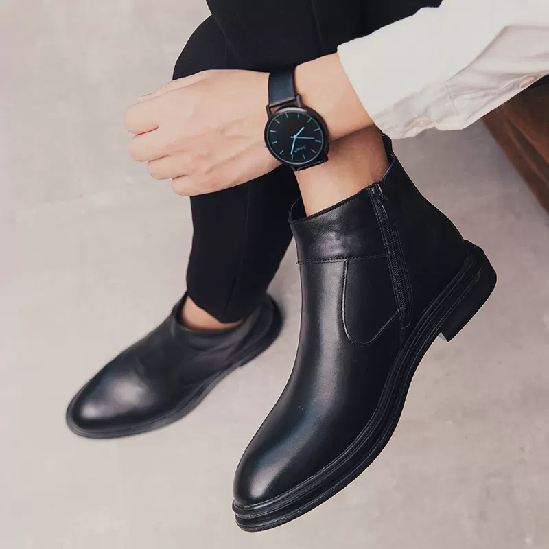 男士韩版潮流皮靴英伦风尖头短靴内增高马丁靴高帮mens sneakers