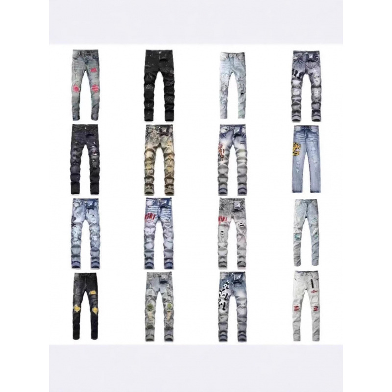 AM Foreign Trade Men's Jeans Men's Ripped Black and White Tape Fashionable Stretch Slim-Fit Skinny Pants High-end Casual Men's Pants