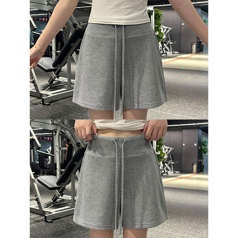 Gray women's summer thin casual shorts for petite figures, high-waisted, loose, casual style, wide-leg, mid-length, ice silk