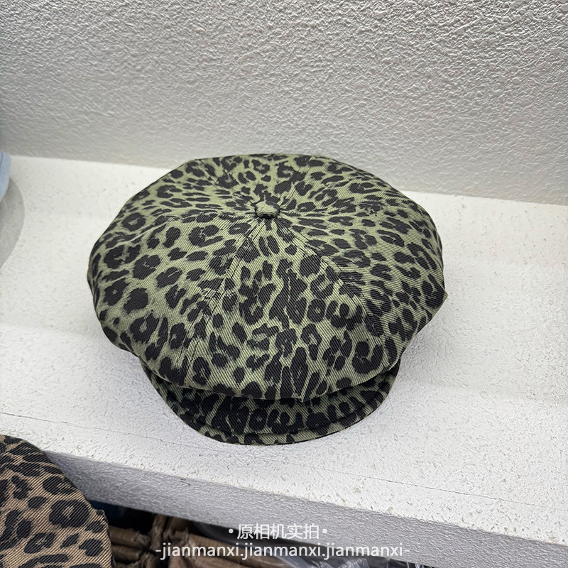 美式复古豹纹皮扣八角帽女时尚百搭y2k千禧辣妹潮流显脸小画家帽|undefined
