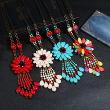 复古民族风长款松石花朵项链泰国手工流苏百搭毛衣链简约度假配饰