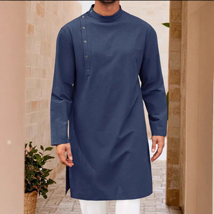 2025 New Muslim Middle Eastern Arabian Malaysian Men's Button Cotton and Linen Shirt Muslim Robe